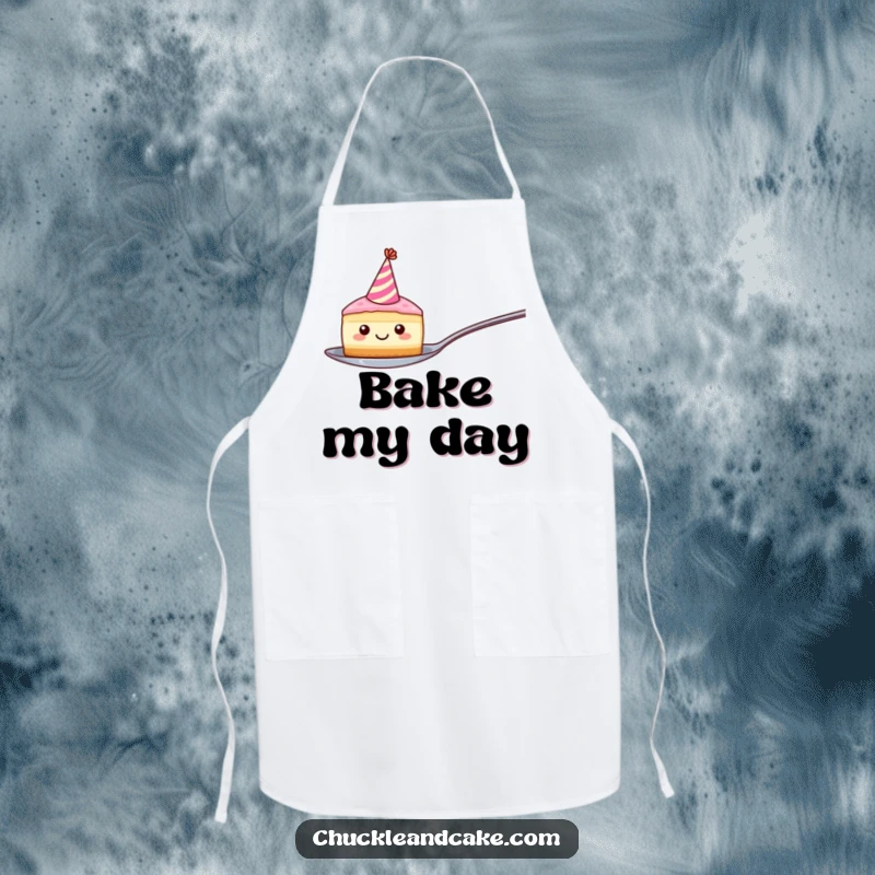 Funny apron displaying a smiling cake slice in a party hat, hilariously balancing on a spoon, ready for kitchen fun.