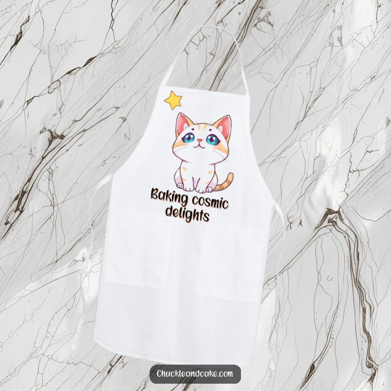 Funny Bobtail Cat Apron: A cute bobtail cat looks up at a twinkling star, perfect for kitchen whimsy.
