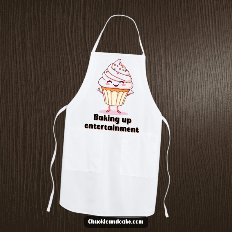 Funny apron adorned with a smiling cupcake, its tiny legs happily dancing, ready to add humor to any kitchen task.