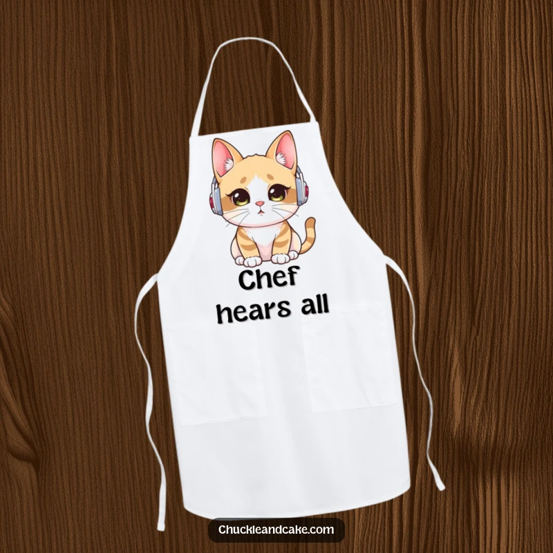 Funny apron featuring a Bobtail cat wearing ear warmers, listening intently, perfect for adding a touch of humor to cooking.
