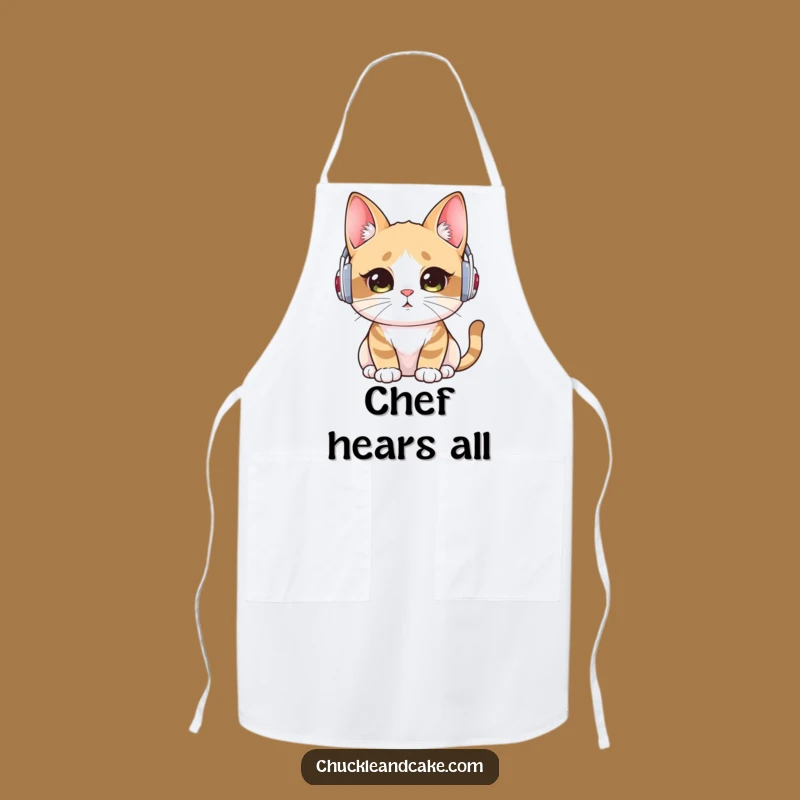 Funny Bobtail Cat Kitchen Apron: Focused Listener in Ear Warmers