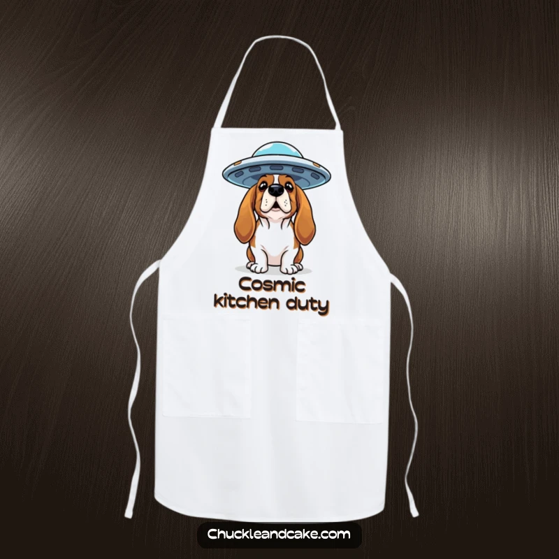 Funny Basset Hound apron with a curious dog looking up at a flying saucer, perfect for kitchen adventures.