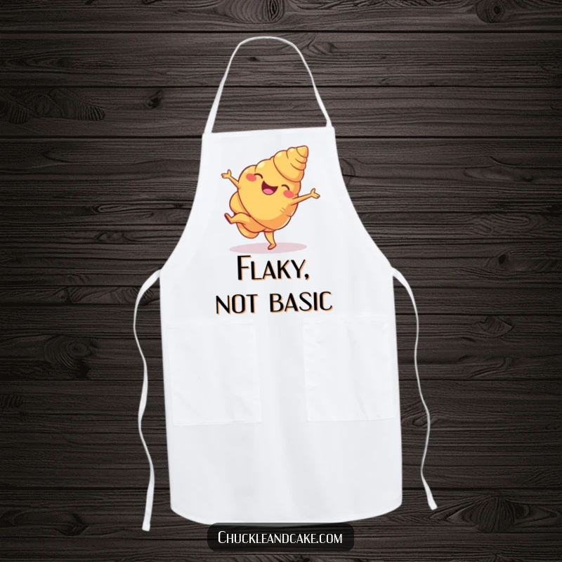 Funny croissant apron illustrating a joyful croissant performing an energetic cartwheel, perfect for culinary artists who love a humorous touch.