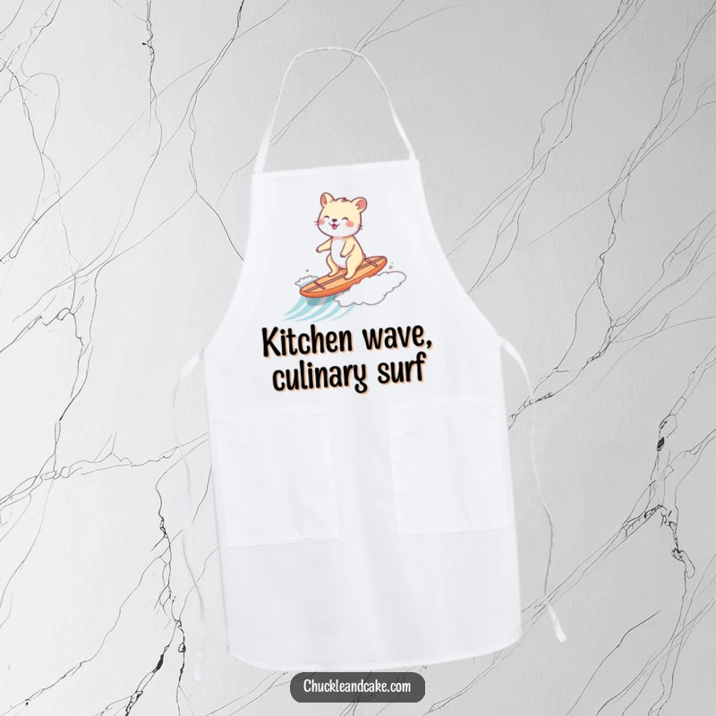 Funny apron showing a joyful animal riding a tiny surfboard down a gentle wave.
