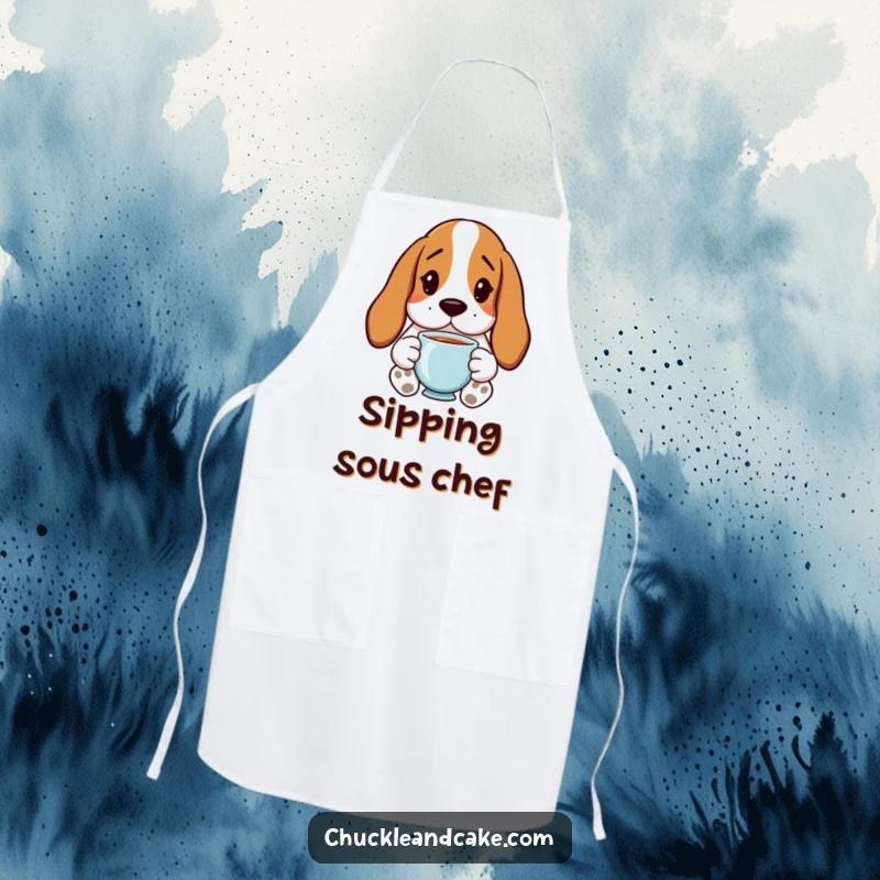 Funny Basset Hound Apron with droopy ears, holding tea, ideal for humorous kitchen activities.