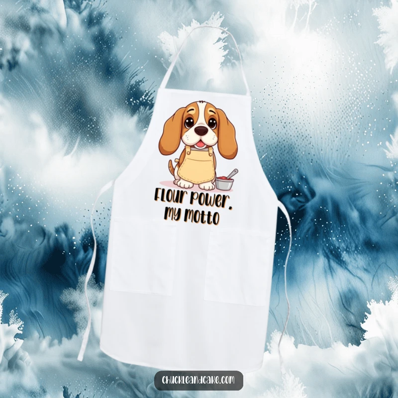 Funny Basset Hound apron, featuring a droopy-eared dog in chef attire, humorously ready to bake, perfect for kitchen fun.