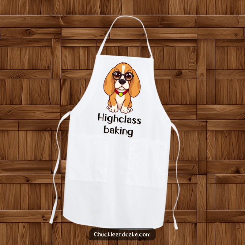 Funny Basset Hound apron, droopy-eared dog in a monocle and chef hat, humorously portraying sophistication, ideal for kitchen elegance.