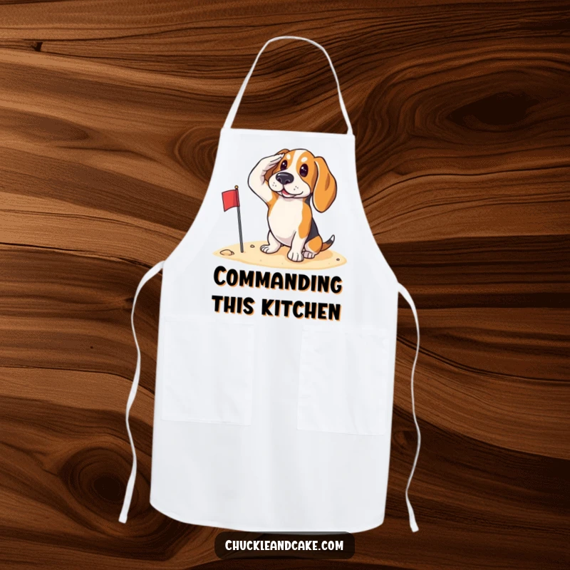 Funny Basset Hound saluting with a small flag on the sand, ready for duty, worn by a kitchen chef apron.