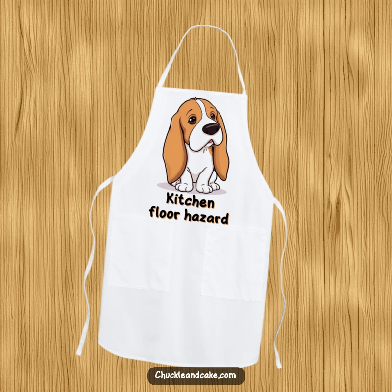 Funny Basset Hound with droopy ears tripping over its own long ears, clumsy dog apron, droopy ears design, practical funny gift.