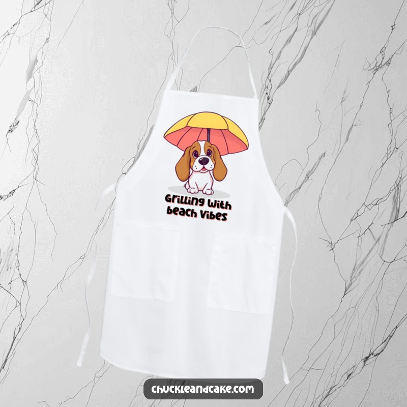 Funny Basset Hound Apron: A Basset Hound peeking from behind a beach umbrella, perfect for a sunny and humorous cooking experience.