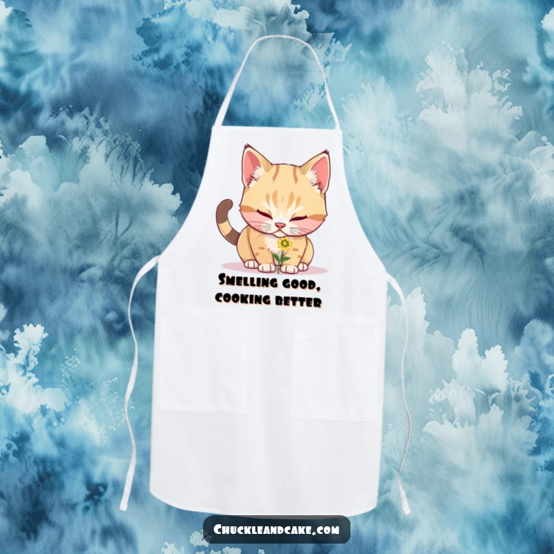 Funny Bobtail cat intently sniffing a delicate flower, illustrated on a functional and humorous apron for the kitchen.