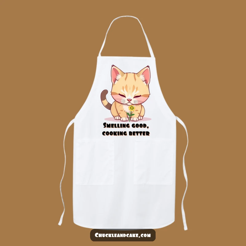 Funny Bobtail Cat Sniffing Flower Apron - Chef's Delightful & Humorous Kitchen Wear