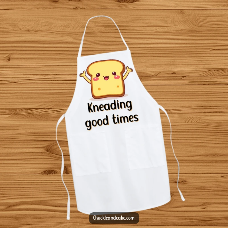 Funny apron displaying a piece of bread with arms flailing excitedly, perfect for fun and energetic cooking.