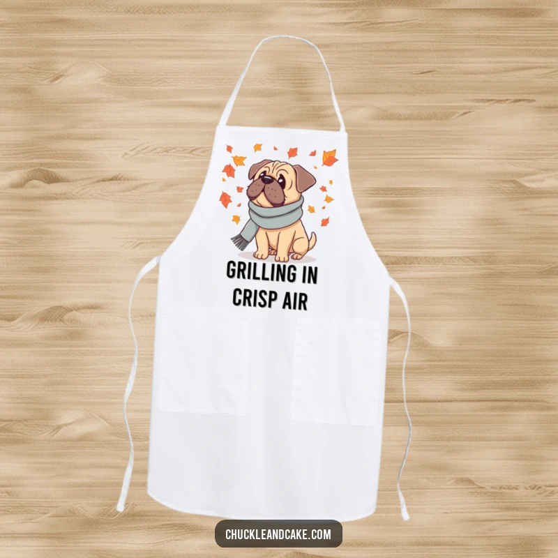 Funny apron featuring a Bullmastiff dog wearing a scarf, gazing at falling leaves, perfect for autumn cooking adventures.