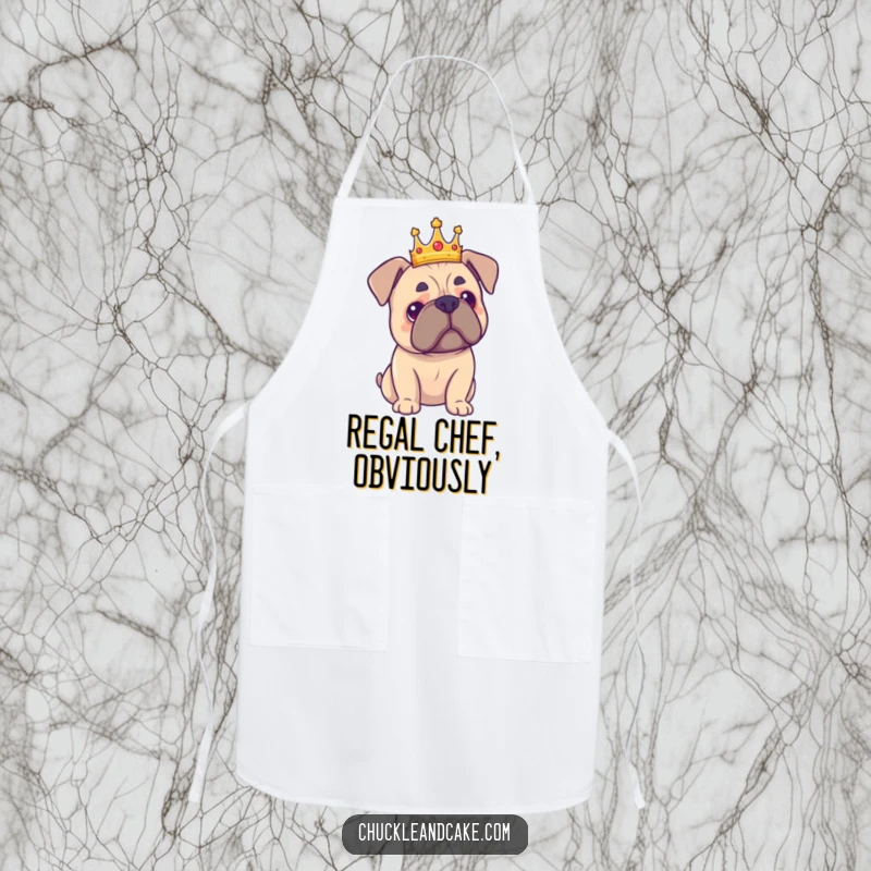 Funny Bullmastiff chef apron showing a proud dog with a crown, adding majestic humor to kitchen tasks.