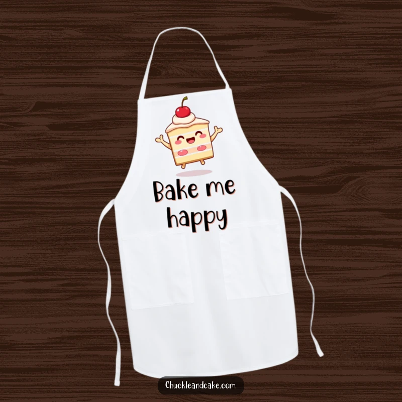 Funny slice of cake with a cherry on top beaming and jumping, a kitchen apron designed with a celebratory dessert character.