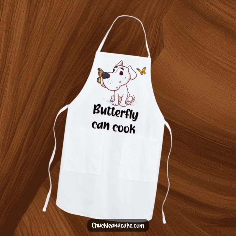 Funny Grand Dane apron with a dog looking with gentle curiosity at a small butterfly fluttering nearby.