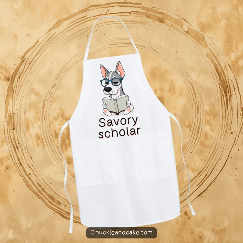 Funny Grand Dane Glasses Apron: A Grand Dane wearing tiny glasses intently reads a book, ideal for kitchen fun.