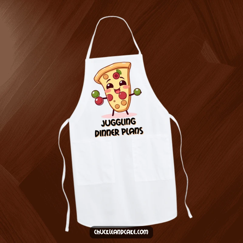 Funny apron featuring a giggling pizza slice juggling olives, perfect for adding humor and protection in the kitchen.