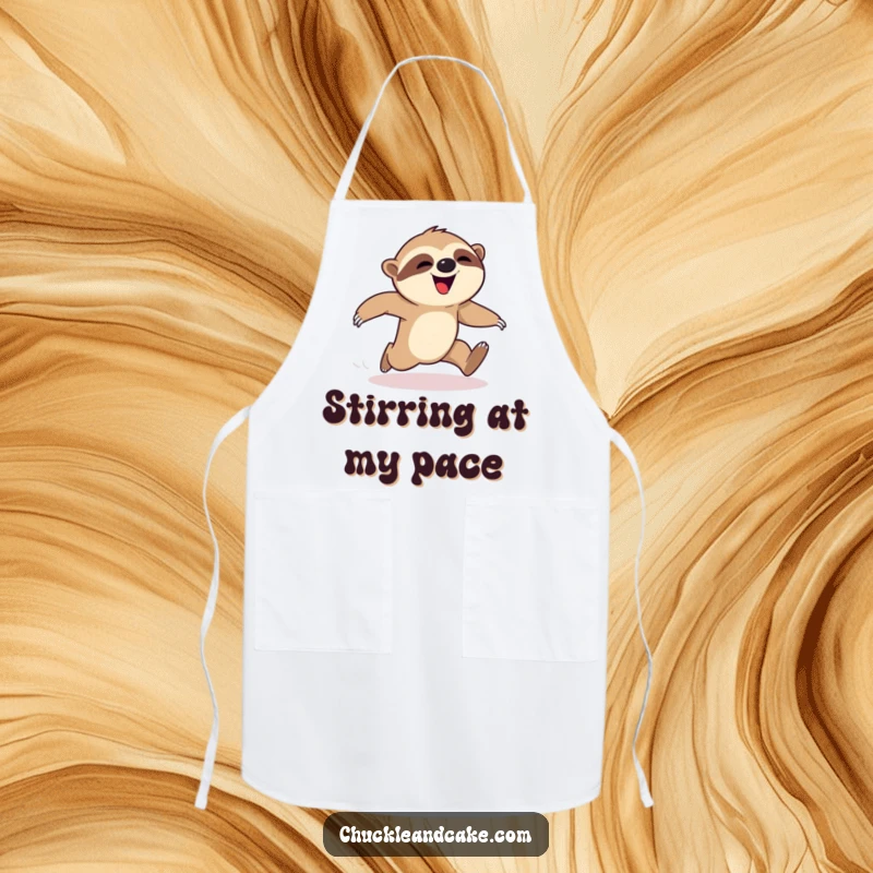 Funny sloth apron, cooking attire with a happy sloth falling during a race, kitchen humor, cute baking accessory, perfect funny gift for cooks.