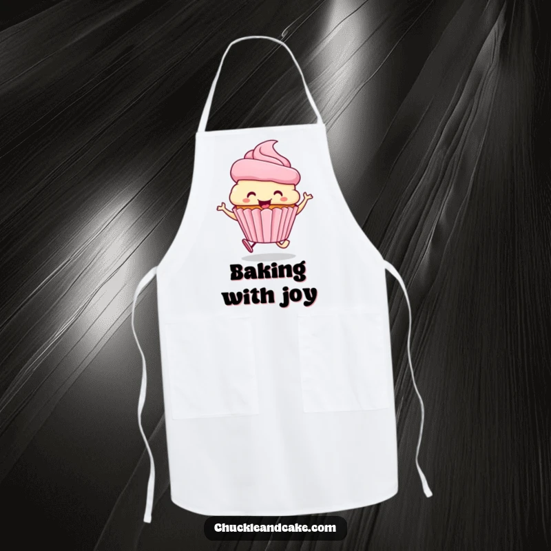 Funny apron showing a smiling cupcake with a frosting hat, skipping joyfully.