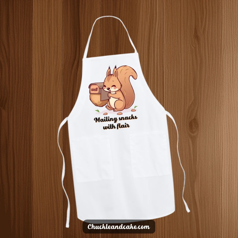 Funny squirrel apron, humorously trying to mail a giant nut, designed for kitchen fun and laughs.