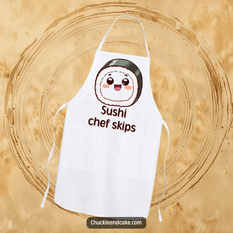 Funny apron featuring a cheerful sushi slice with googly eyes, skipping with joy, adding a humorous element to kitchen duties.