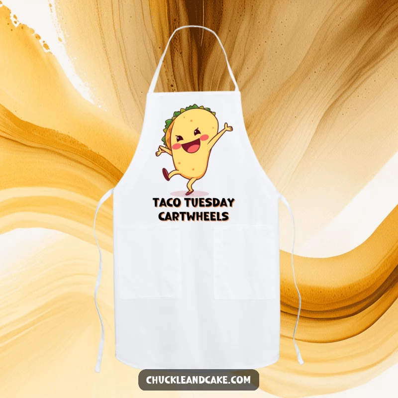 Funny apron featuring a happy, grinning taco performing a cartwheel, adding a humorous and vibrant element to kitchen duties.