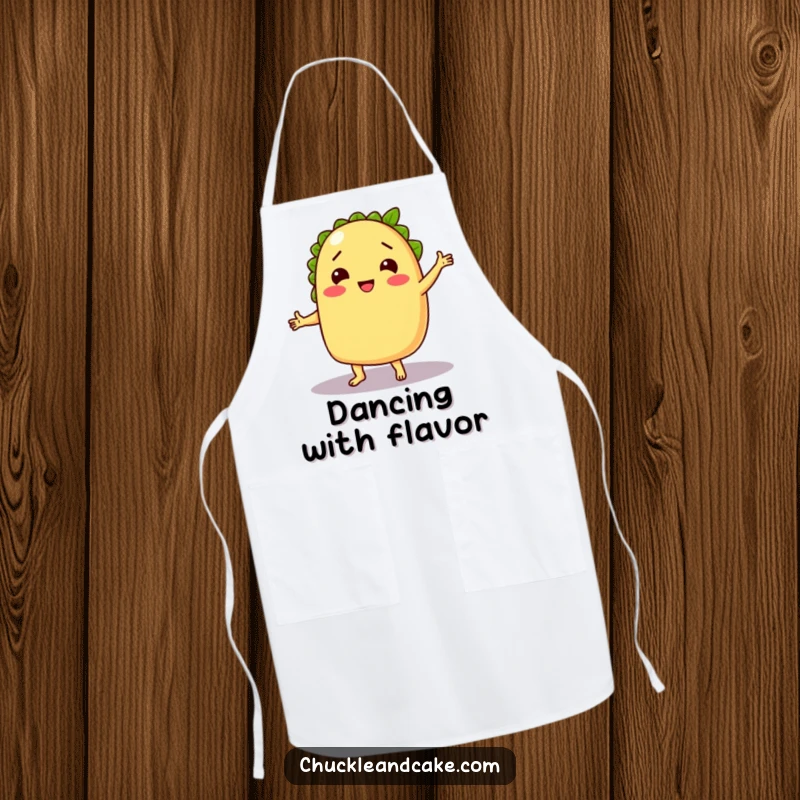 Funny apron featuring a chuckling taco dancing with a lime, perfect for adding fiesta fun and protection in the kitchen.