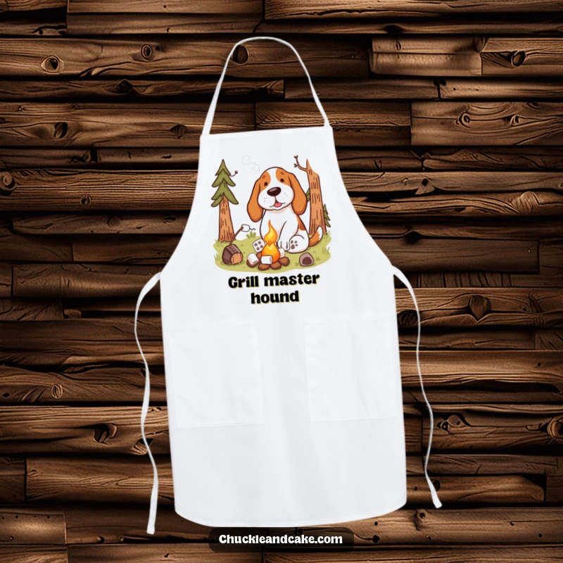 Funny Basset Hound Campfire Apron showing a dog toasting marshmallows, ideal for outdoor cooking and BBQ enthusiasts.