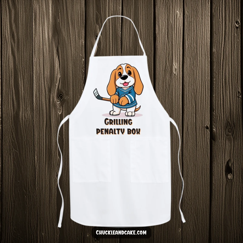 Funny Basset Hound wearing a hockey jersey and holding a tiny stick, ready for action on a kitchen apron.
