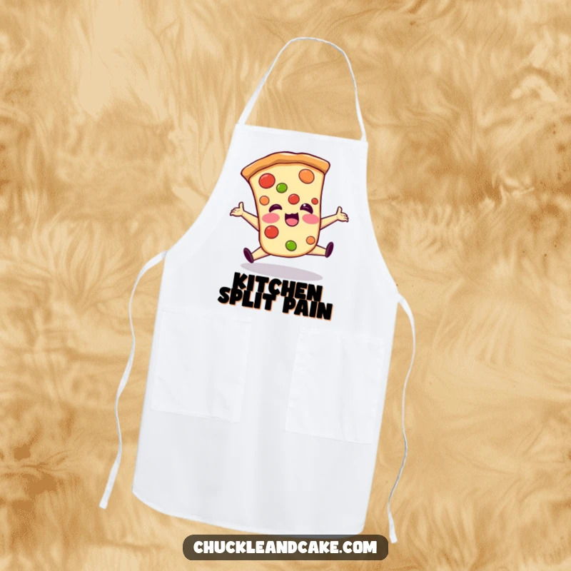 Funny apron featuring a giggling pizza slice performing a clumsy split, adding a humorous and cheesy element to kitchen duties.