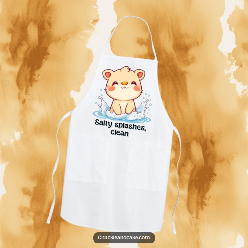 Funny apron showing a happy animal with sunscreen on its nose, splashing water by the beach.