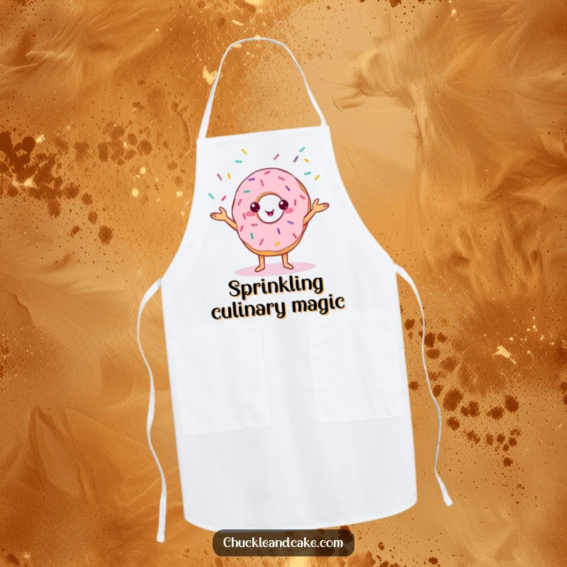 Funny apron showing a cheerful donut with small eyes, skillfully juggling colorful sprinkles.
