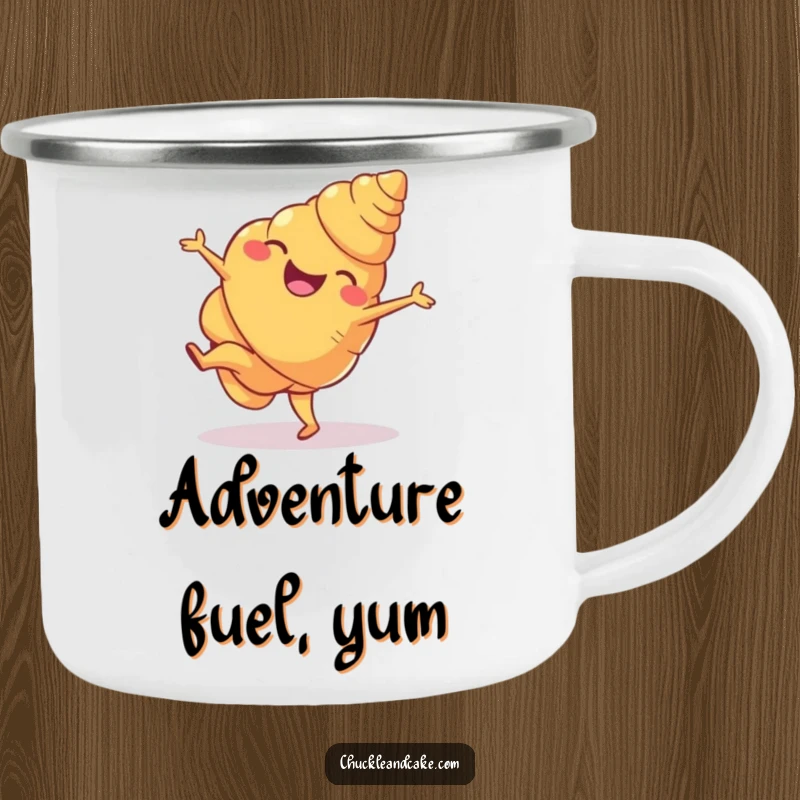 Funny croissant camping mug featuring a cheerful croissant mid-cartwheel, ready for any adventure, adding humor to your outdoor beverage.