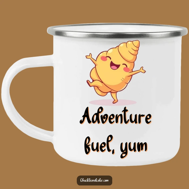 Funny Croissant Cartwheel Camping Mug: Rugged and Hilarious Pastry Adventure Gear