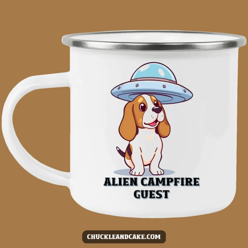 Cosmic Campfire Fun: Funny Basset Hound UFO Camping Mug for Star Gazers