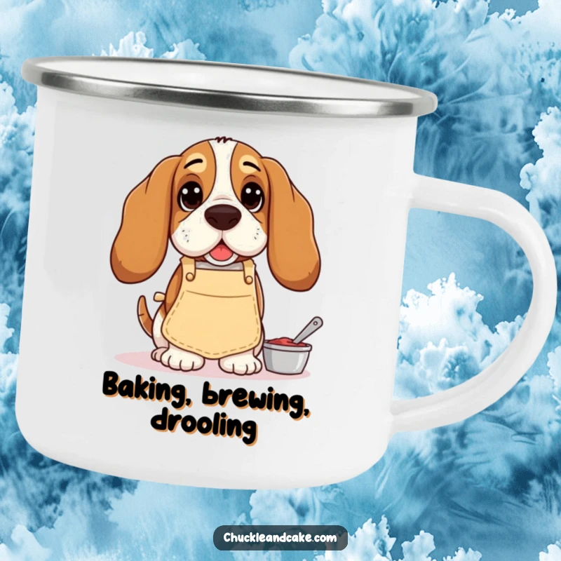 Funny Basset Hound camping mug, droopy-eared dog in apron, humorously baking, ideal for outdoor enthusiasts.