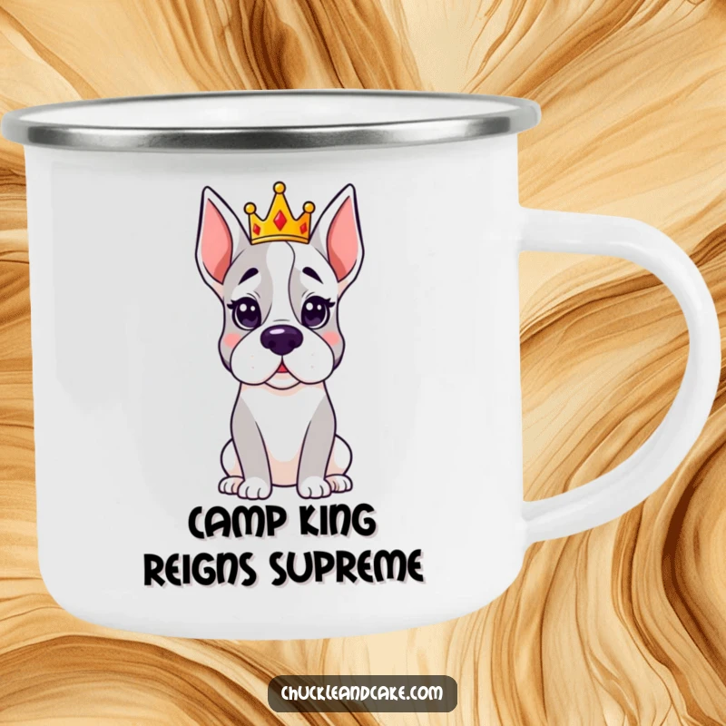 Funny Grand Dane camping mug with a dog wearing a crown, exuding regal and humorous authority on any adventure.