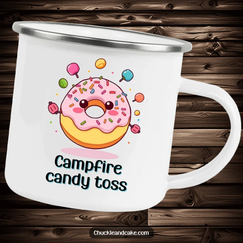 Funny camping mug showcasing a joyful donut with sprinkles, juggling colorful candies, ready to fuel any outdoor culinary adventure with humor.
