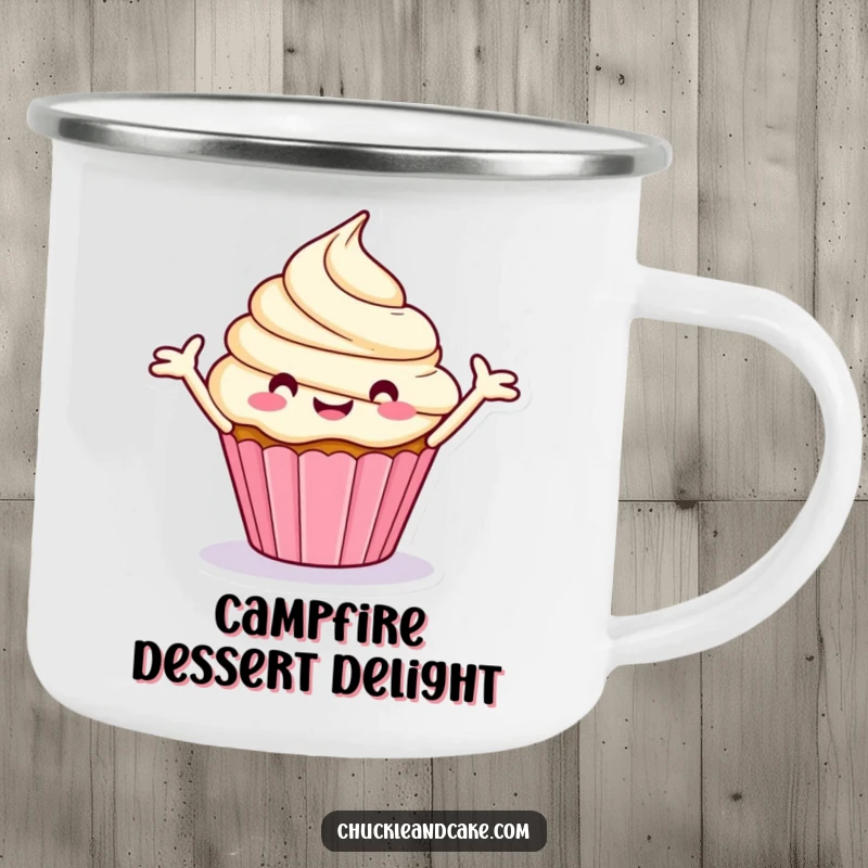 Funny camping mug showing a happy, stylized cupcake spinning merrily with outstretched frosting arms.