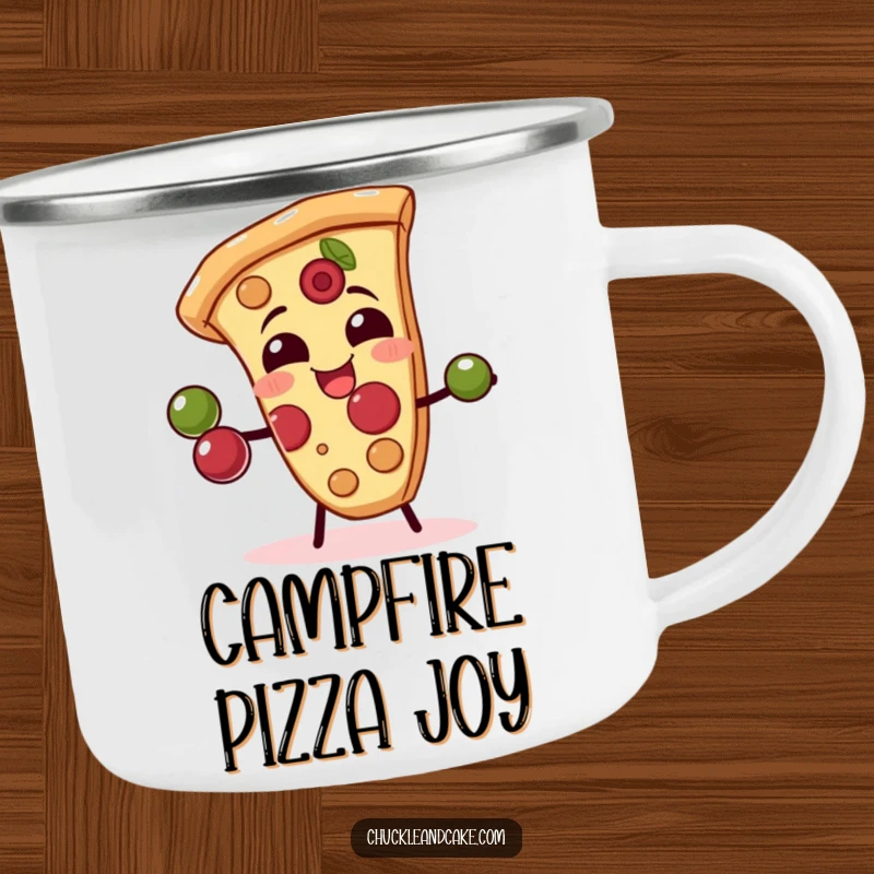 Funny enamel camping mug featuring a giggling pizza slice juggling olives, perfect for outdoor beverages and chuckles.