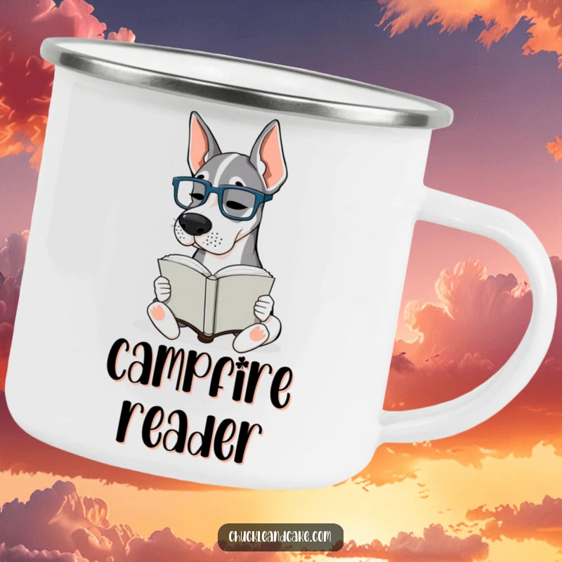 Funny Grand Dane Glasses Camping Mug: A Grand Dane wearing tiny glasses intently reads a book, ideal for outdoor use.