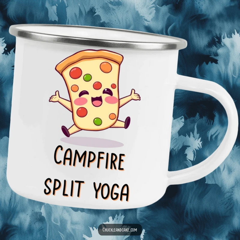 Funny camping mug showcasing a giggling pizza slice in a clumsy split, ready to fuel any outdoor culinary adventure with humor.