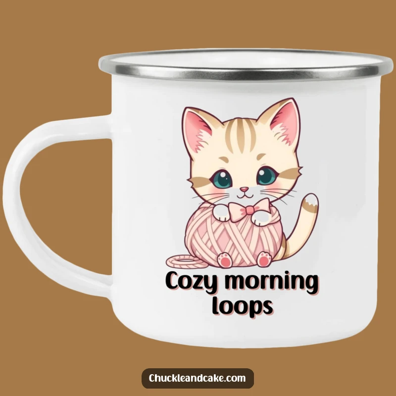 Funny Bobtail Cat Yarn Enamel Camping Mug: Your Adventure Companion