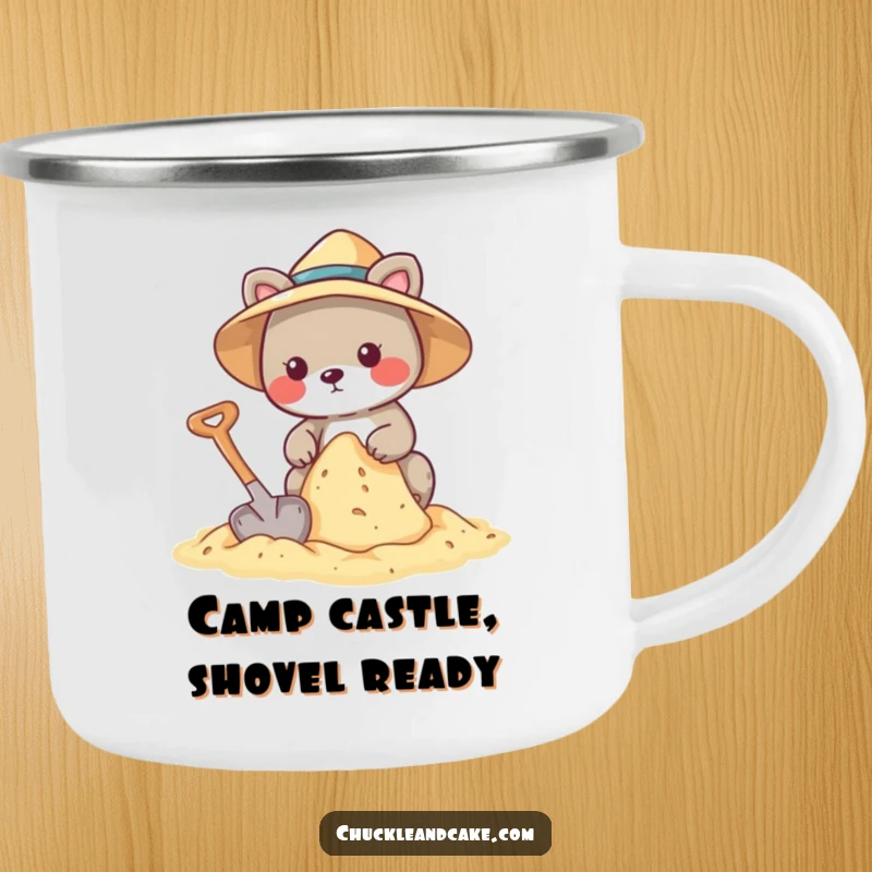 Funny camping mug with an animal wearing a sun hat, building a sandcastle with a shovel.
