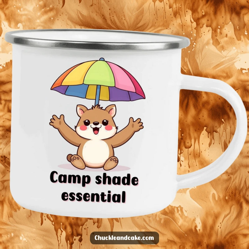 Funny camping mug with a happy animal enthusiastically holding up a colorful beach umbrella.