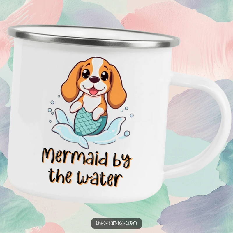Funny Basset Hound wearing a mermaid tail, splashing in gentle waves, on a durable enamel camping mug.