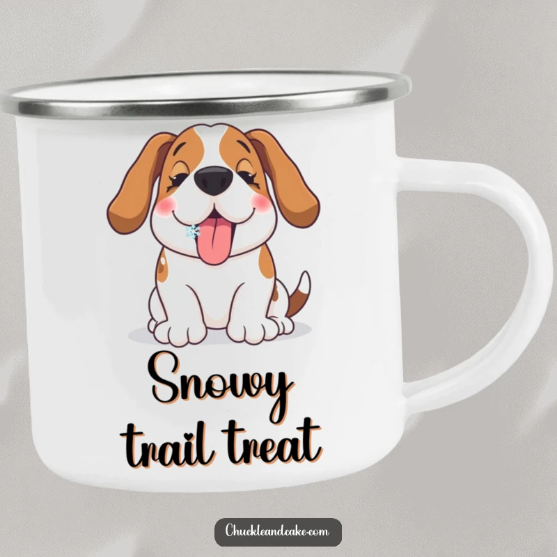 Funny Basset Hound camping mug showing a happy dog catching a snowflake on its tongue, ideal for outdoor drinks.