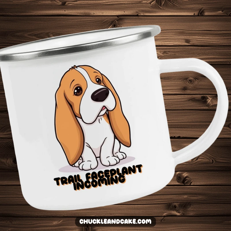 Funny Basset Hound with droopy ears tripping over its own long ears, clumsy dog camping mug, droopy ears design, adventurous funny gift.
